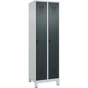 Kleiderspind C+P Evolo Plus, 2 Abteile, 300 mm breit, mit Füßen, Sicherheits-Drehriegel, B 600 x T 500 x H 1950 mm, lichtgrau/anthrazitgrau