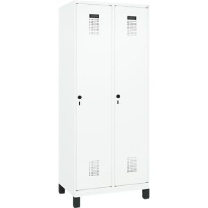 Kleiderspind C+P Evolo Plus, 2 Abteile, 400 mm Abteilbreite, mit Füßen, Anschlag rechts, B 800 x T 500 x H 1950 mm, Drehriegel, verkehrsweiß/verkehrsweiß