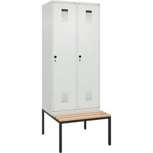 Kleiderspind C+P Evolo Plus, 2 Abteile, 400 mm Abteilbreite, mit untergebauter Sitzbank, B 800 x T 815 x H 2120 mm, Drehriegel, lichtgrau/lichtgrau
