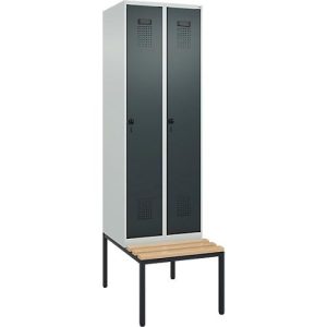 Kleiderspind C+P Evolo Plus, 2 Abteile mit je 300 mm Breite, Unterbau-Sitzbank, B 600 x T 815 x H 2120 mm, Drehriegel, lichtgrau/anthrazitgrau