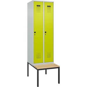 Kleiderspind C+P Evolo Plus, 2 Abteile mit je 300 mm Breite, Unterbau-Sitzbank, B 600 x T 815 x H 2120 mm, Drehriegel, lichtgrau/clowngrün