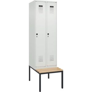 Kleiderspind C+P Evolo Plus, 2 Abteile mit je 300 mm Breite, Unterbau-Sitzbank, B 600 x T 815 x H 2120 mm, Drehriegel, lichtgrau/lichtgrau