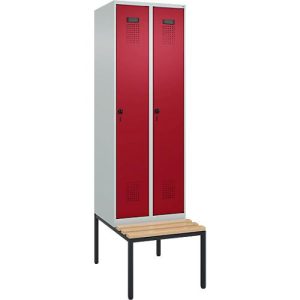 Kleiderspind C+P Evolo Plus, 2 Abteile mit je 300 mm Breite, Unterbau-Sitzbank, B 600 x T 815 x H 2120 mm, Drehriegel, lichtgrau/rubinrot