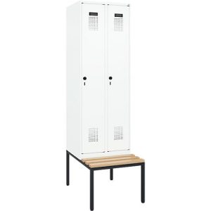Kleiderspind C+P Evolo Plus, 2 Abteile mit je 300 mm Breite, Unterbau-Sitzbank, B 600 x T 815 x H 2120 mm, Drehriegel, verkehrsweiß/verkehrsweiß