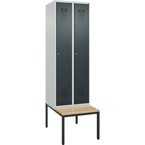 Kleiderspind C+P Evolo Plus, 2 Abteile mit je 300 mm Breite, Unterbau-Sitzbank, B 600 x T 815 x H 2120 mm, Zylinder, lichtgrau/anthrazitgrau