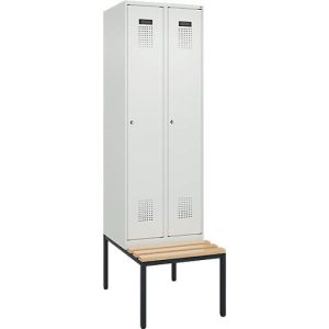 Kleiderspind C+P Evolo Plus, 2 Abteile mit je 300 mm Breite, Unterbau-Sitzbank, B 600 x T 815 x H 2120 mm, Zylinder, lichtgrau/lichtgrau