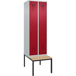 Kleiderspind C+P Evolo Plus, 2 Abteile mit je 300 mm Breite, Unterbau-Sitzbank, B 600 x T 815 x H 2120 mm, Zylinder, lichtgrau/rubinrot