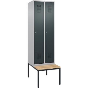 Kleiderspind C+P Evolo Plus, 2 Abteile mit je 300 mm Breite, Unterbau-Sitzbank, B 600 x T 815 x H 2120 mm, Zylinder, weißaluminium/anthrazitgrau