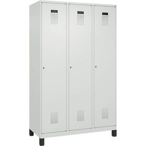 Kleiderspind C+P Evolo Plus, 3 Abteile, 400 mm Abteilbreite, mit Füßen, Anschlag rechts, B 1200 x T 500 x H 1950 mm, Zylinder, lichtgrau/lichtgrau