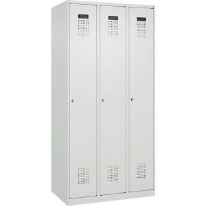Kleiderspind C+P Evolo Plus, 3 Abteile, Anschlag rechts, Zylinderschloss, B 900 x T 500 x H 1850 mm, lichtgrau/lichtgrau
