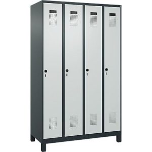 Kleiderspind C+P Evolo Plus, 4 Abteile, 300 mm Abteilbreite, mit Füßen, Anschlag rechts, Drehriegel, B 1200 x T 500 x H 1950 mm, anthrazitgrau/lichtgrau