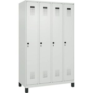 Kleiderspind C+P Evolo Plus, 4 Abteile, 300 mm Abteilbreite, mit Füßen, Anschlag rechts, Drehriegel, B 1200 x T 500 x H 1950 mm, lichtgrau/lichtgrau