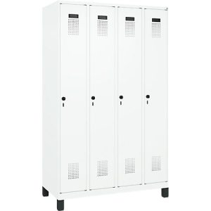 Kleiderspind C+P Evolo Plus, 4 Abteile, 300 mm Abteilbreite, mit Füßen, Anschlag rechts, Drehriegel, B 1200 x T 500 x H 1950 mm, verkehrsweiß/verkehrsweiß