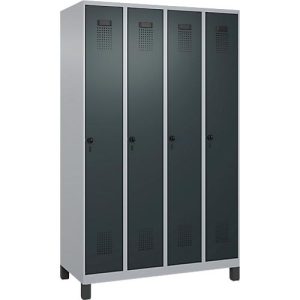 Kleiderspind C+P Evolo Plus, 4 Abteile, 300 mm Abteilbreite, mit Füßen, Anschlag rechts, Drehriegel, B 1200 x T 500 x H 1950 mm, weißaluminium/anthrazitgrau