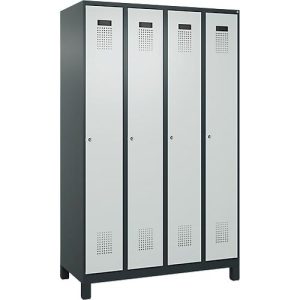 Kleiderspind C+P Evolo Plus, 4 Abteile, 300 mm Abteilbreite, mit Füßen, Anschlag rechts, Zylinder, B 1200 x T 500 x H 1950 mm, anthrazitgrau/lichtgrau