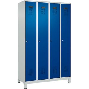 Kleiderspind C+P Evolo Plus, 4 Abteile, 300 mm Abteilbreite, mit Füßen, Anschlag rechts, Zylinder, B 1200 x T 500 x H 1950 mm, lichtgrau/enzianblau