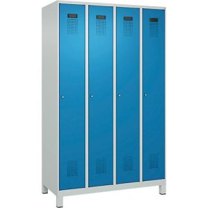 Kleiderspind C+P Evolo Plus, 4 Abteile, 300 mm Abteilbreite, mit Füßen, Anschlag rechts, Zylinder, B 1200 x T 500 x H 1950 mm, lichtgrau/lichtblau