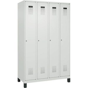 Kleiderspind C+P Evolo Plus, 4 Abteile, 300 mm Abteilbreite, mit Füßen, Anschlag rechts, Zylinder, B 1200 x T 500 x H 1950 mm, lichtgrau/lichtgrau