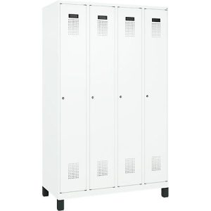 Kleiderspind C+P Evolo Plus, 4 Abteile, 300 mm Abteilbreite, mit Füßen, Anschlag rechts, Zylinder, B 1200 x T 500 x H 1950 mm, verkehrsweiß/verkehrsweiß