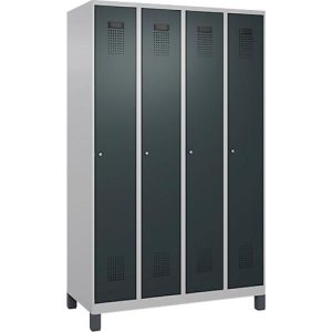 Kleiderspind C+P Evolo Plus, 4 Abteile, 300 mm Abteilbreite, mit Füßen, Anschlag rechts, Zylinder, B 1200 x T 500 x H 1950 mm, weißaluminium/anthrazitgrau