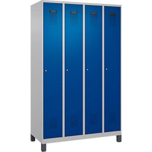 Kleiderspind C+P Evolo Plus, 4 Abteile, 300 mm Abteilbreite, mit Füßen, Anschlag rechts, Zylinder, B 1200 x T 500 x H 1950 mm, weißaluminium/enzianblau