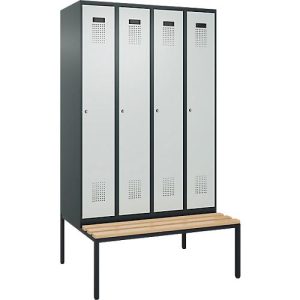 Kleiderspind C+P Evolo Plus, 4 Abteile, 300 mm Abteilbreite, mit untergebauter Sitzbank, B 1200 x T 815 x H 2120 mm, Zylinder, anthrazitgrau/lichtgrau