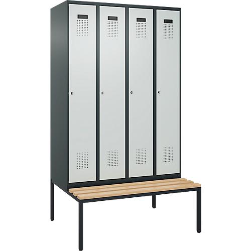 Kleiderspind C+P Evolo Plus, 4 Abteile, 300 mm Abteilbreite, mit untergebauter Sitzbank, B 1200 x T 815 x H 2120 mm, Zylinder, anthrazitgrau/lichtgrau