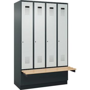 Kleiderspind C+P Evolo Plus, 4 Abteile à 300 mm Breite, Sockel, schwebende Sitzbank, B 1200 x T 815 x H 1950 mm, Zylinder, anthrazitgrau/lichtgrau