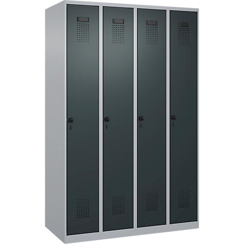 Kleiderspind C+P Evolo Plus, 4 Abteile, Anschlag rechts, Sicherheits-Drehriegel, B 1200 x T 500 x H 1850 mm, weißaluminium/anthrazitgrau