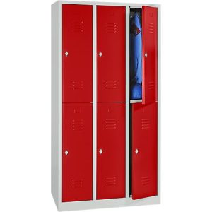 Kleiderspind, doppelstöckig, 2 x 3 Abteile, Drehriegelverschluss, lichtgrau RAL 7035/feuerrot RAL 3000