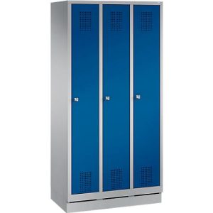 Kleiderspind Evolo S 3000, 3 Abteile, Stahl, Sockelhöhe 100 mm, Zylinderschloss, weißaluminium/enzianblau