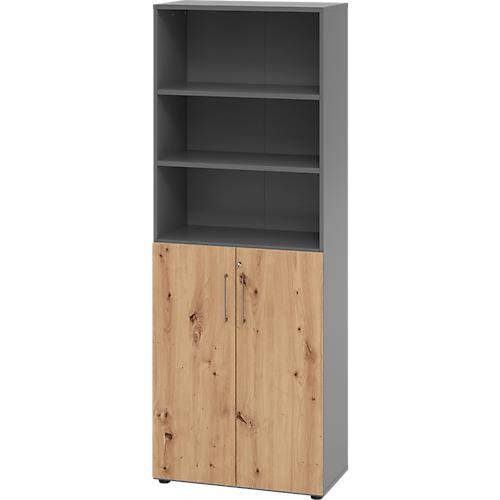 Kombischrank Breno, 6OH, Schrank- und Regalelement, abschließbar, B 800 x T 420 x H 2156 mm, Spanplatte, graphit/Asteiche