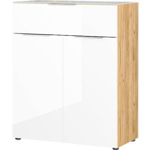Kommode, mit 1 Schublade und 2 Türen, Glasfront- und auflage, B 830 x T 420 x H 1020 mm, Navarra-Eiche/Weiß Kommode, mit 1 Schublade und 2 Türen, Glasfront- und auflage, B 830 x T 420 x H 1020 mm, Navarra-Eiche/Weiß