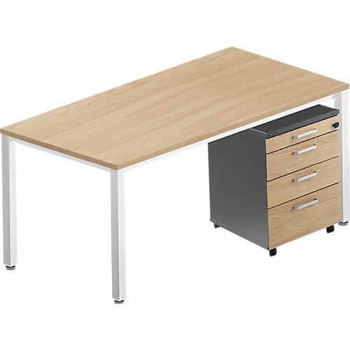 Komplettset BEXXSTAR, Schreibtisch 1600 mm breit und Rollcontainer, Quadratrohrfuß, Eiche-Dekor/dunkelgrau