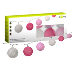 10er LED Lichterkette Cotton Balls. Weiß. Rosa und Pink – batteriebetrieben