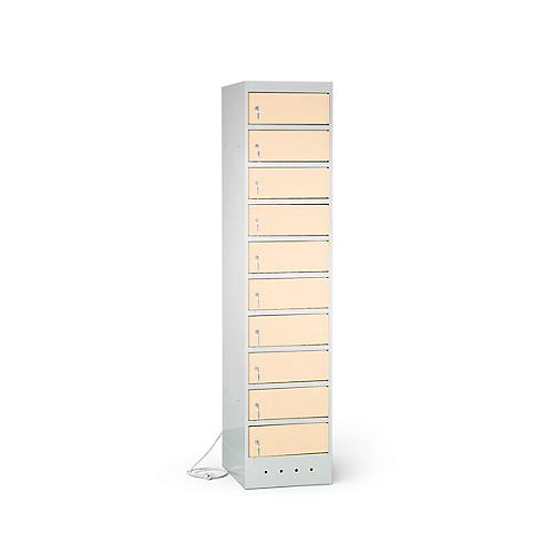 Laptopschrank mit Ladefunktion, 10 Abteile mit Zylinderschloss, Stahlblech lichtgrau RAL 7035/h.elfenbein RAL 1015