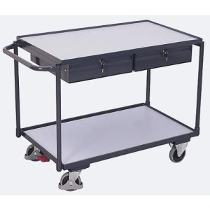 Leichter ESD-Tischwagen, Stahl/Spanplatte, Graphitgrau/Lichtgrau, 2 Etagen, L 985 x B 605 mm, 2 Schubladen, TPE-Rollen mit EasySTOP, bis 250 kg
