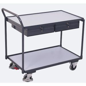 Leichter ESD-Tischwagen, Stahl/Spanplatte, Graphitgrau/Lichtgrau, 2 Etagen, L 985 x B 605 mm, 2 Schubladen, TPE-Rollen mit EasySTOP, bis 250 kg