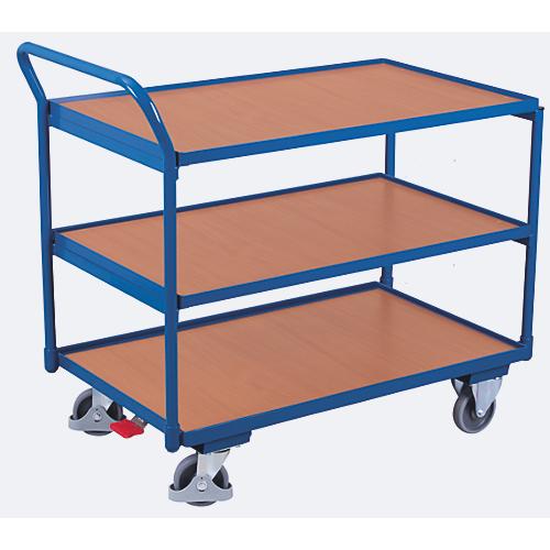 Leichter Tischwagen, Stahl/MDF-Platte, Enzianblau/Buche-Dekor, 3 Etagen, L 835 x B 505 mm, TPE-Rollen mit EasySTOP, bis 250 kg