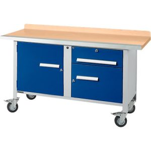 Mobile Werkbank Schäfer Shop Select PWi 150-3, Buche-Dekor Multiplexplatte, mit Stahlkante, bis 400 kg, B 1500 x T 700 x H 840 mm