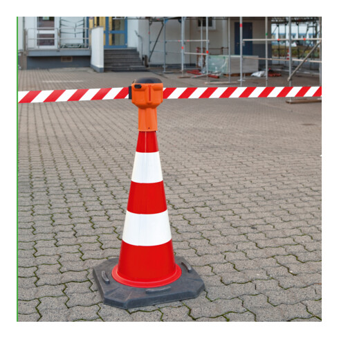 Moravia Kegel-Gurt mit ausziehbarem Absperrband 50mm x 9m rot/weiß schraffiert