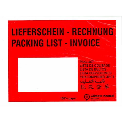 Papier-Dokumententasche/Lieferscheintasche SecurePack, C6, Fenster links, mit Aufdruck, selbstklebend, 100 % recycelbares Pergaminpapier, rot, 250 Stück
