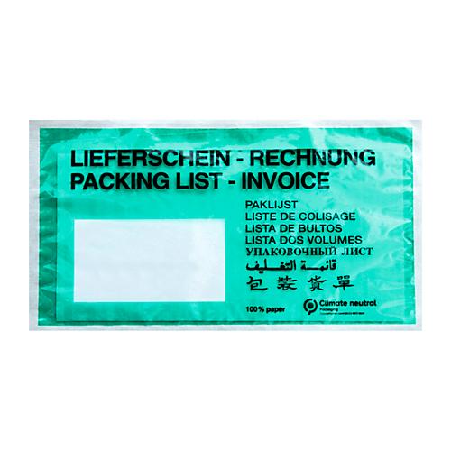 Papier-Dokumententasche/Lieferscheintasche SecurePack, DIN lang, Fenster links, mit Aufdruck, selbstklebend, 100 % recycelbares Pergaminpapier, grün, 250 Stück