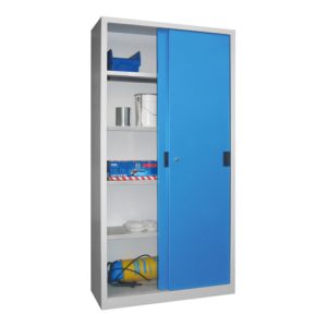 Pavoy Schiebetürenschrank H1950 x B1000 x T400, Böden verzinkt, Korpus Lichtgrau/ Front Lichtblau