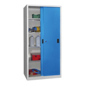 Pavoy Schiebetürenschrank H1950 x B1000 x T600, Böden verzinkt, Korpus Lichtgrau/ Front Lichtblau
