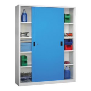 Pavoy Schiebetürenschrank H1950 x B1500 x T400, Böden verzinkt, Korpus Lichtgrau/ Front Lichtblau