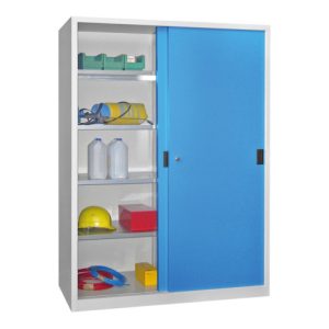 Pavoy Schiebetürenschrank H1950 x B1500 x T500, Böden verzinkt, Korpus Lichtgrau/ Front Lichtblau