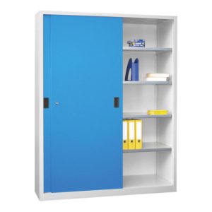Pavoy Schiebetürenschrank H1950 x B1500 x T600, Böden verzinkt, Korpus Lichtgrau/ Front Lichtblau