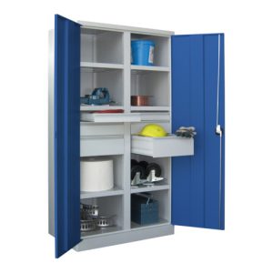Pavoy Schwerlastschrank H1950 x B1040 x T630, 6 Böden, Schubladen:2×75, 2×125, 2×175, Korpus Lichtgrau / Front Enzianblau