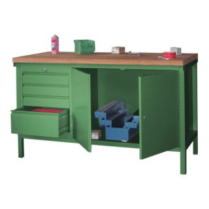 Pavoy Stahl-Werkbank 1500 mm, 1 x 4 Schubladen, 1 Schrank, Korpus / Front Resedagrün